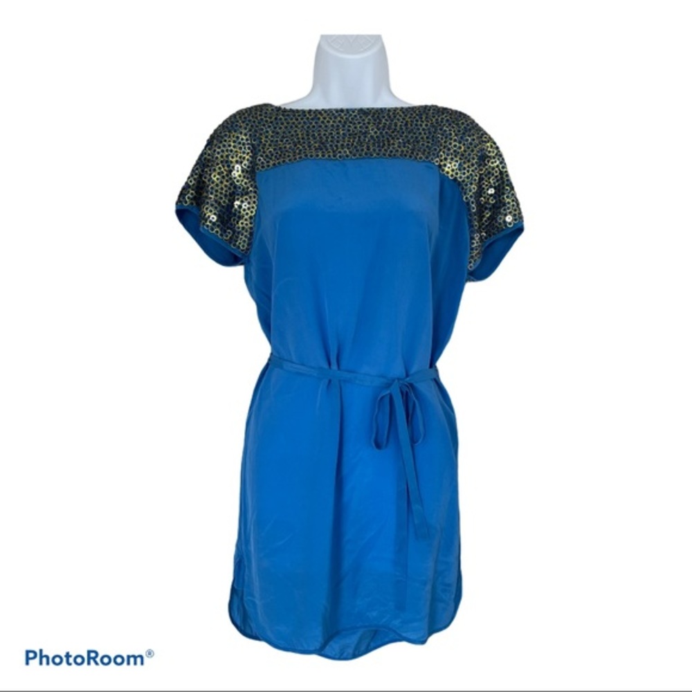 French Connection silk dress blue gold tie 10